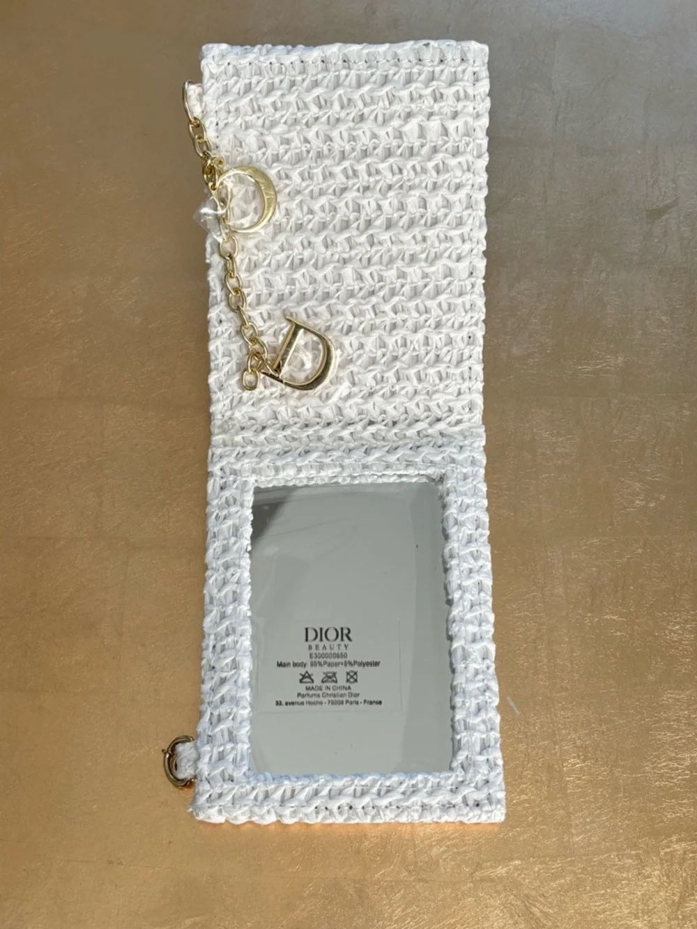Dior White Raffia Mirror with “CD” Charms